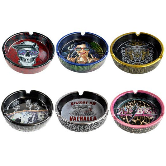 Round Ceramic Printed Ashtray Assortment- 6/Pack