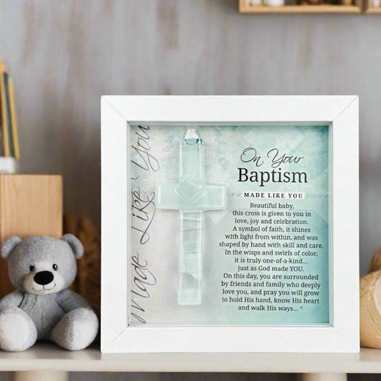 Baby Baptism Cross Gift - Framed Glass Keepsake