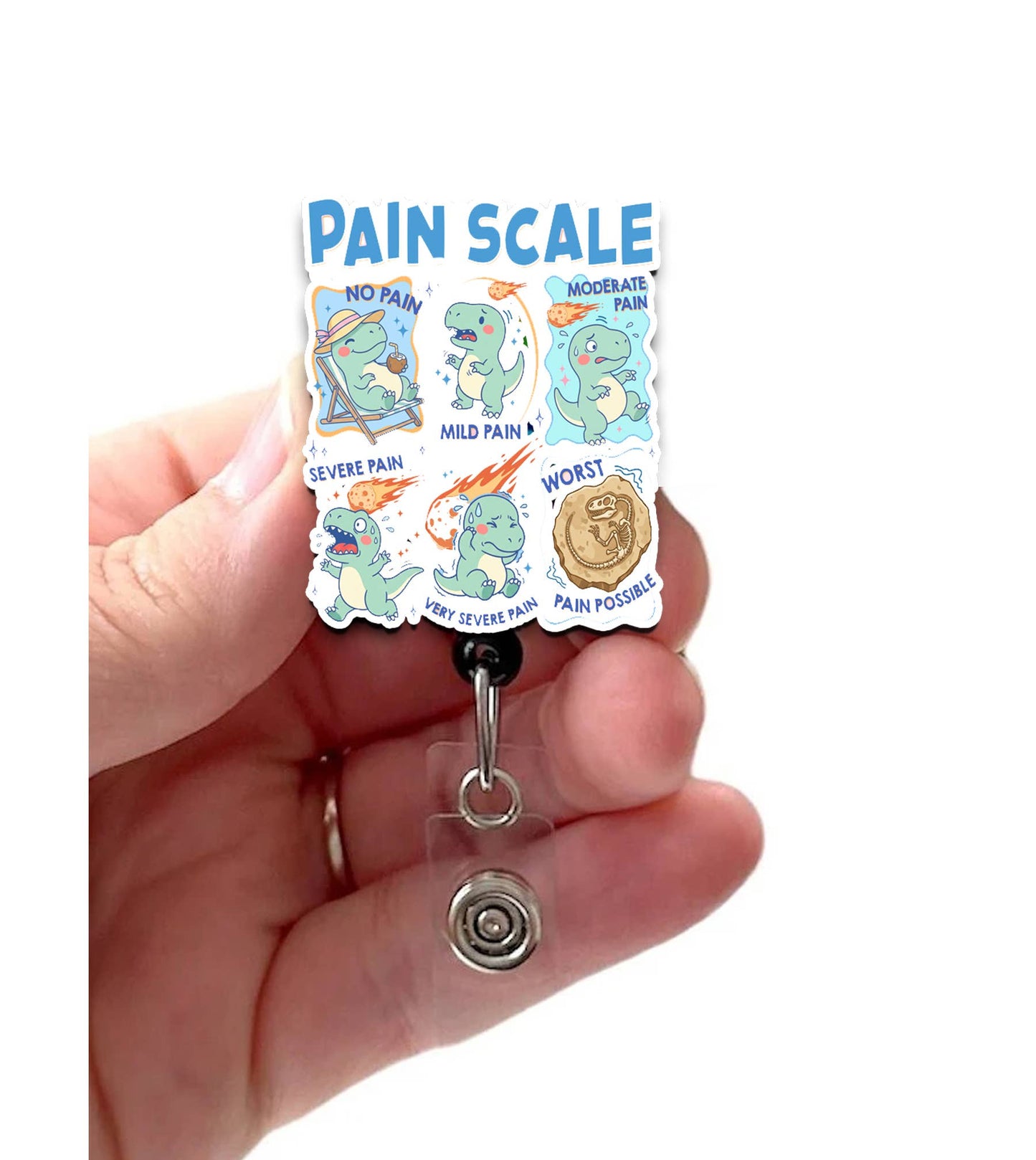 Pain Scale Dinosaur Acrylic Retractable Badge Reel