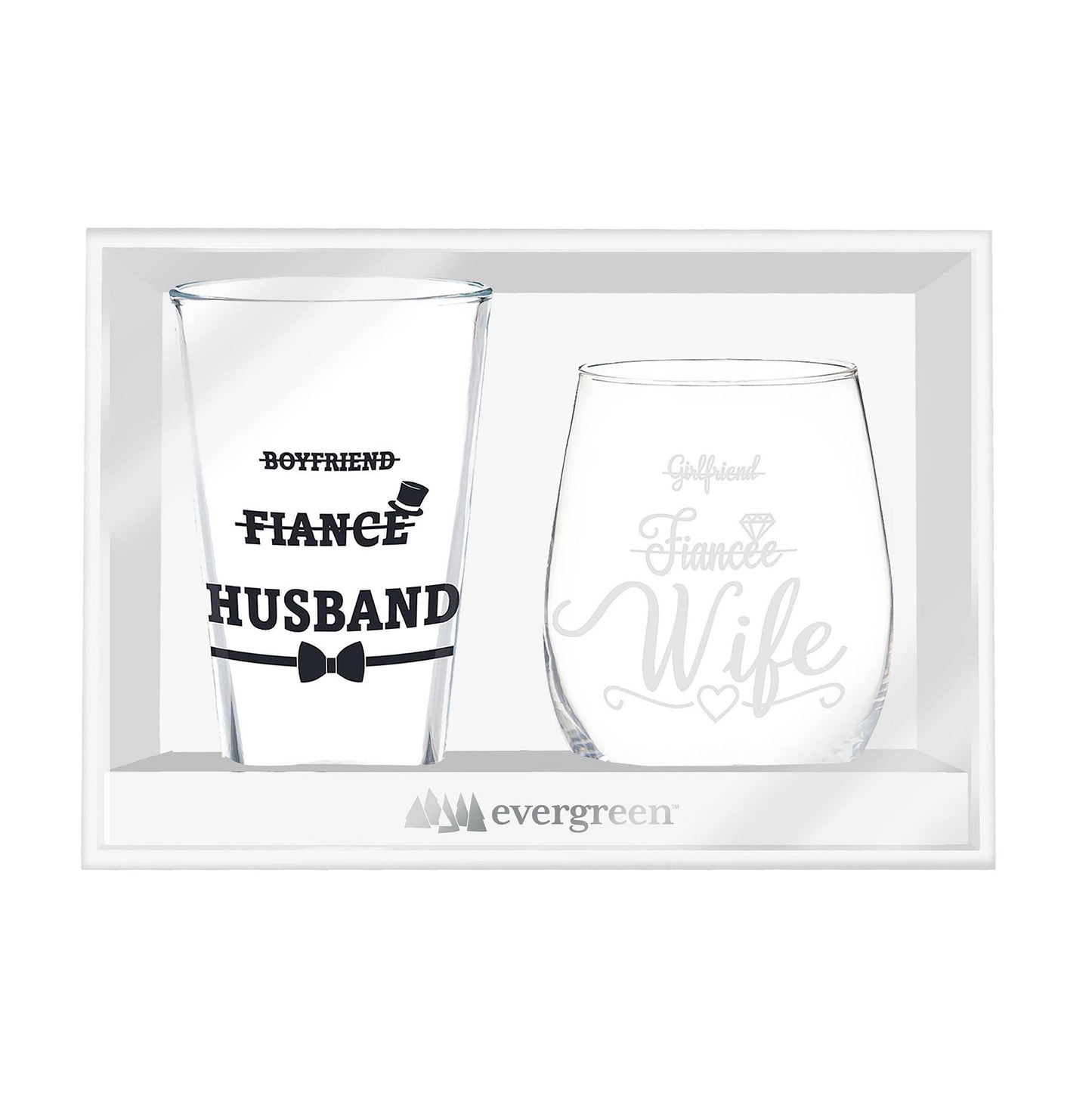 Wedding Stemless Glass and Beer Pint Giftset, 17oz and 16oz,