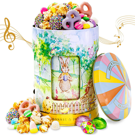 Musical Easter Carousel Gift Tin with Spring Candy Assortment – Plays Easter Music, Chocolate Eggs, Yogurt Pretzels & Popcorn