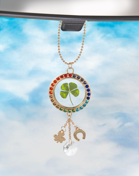 Twice the Luck Car Charm - 4 Leaf clover and rainbow rhinestone