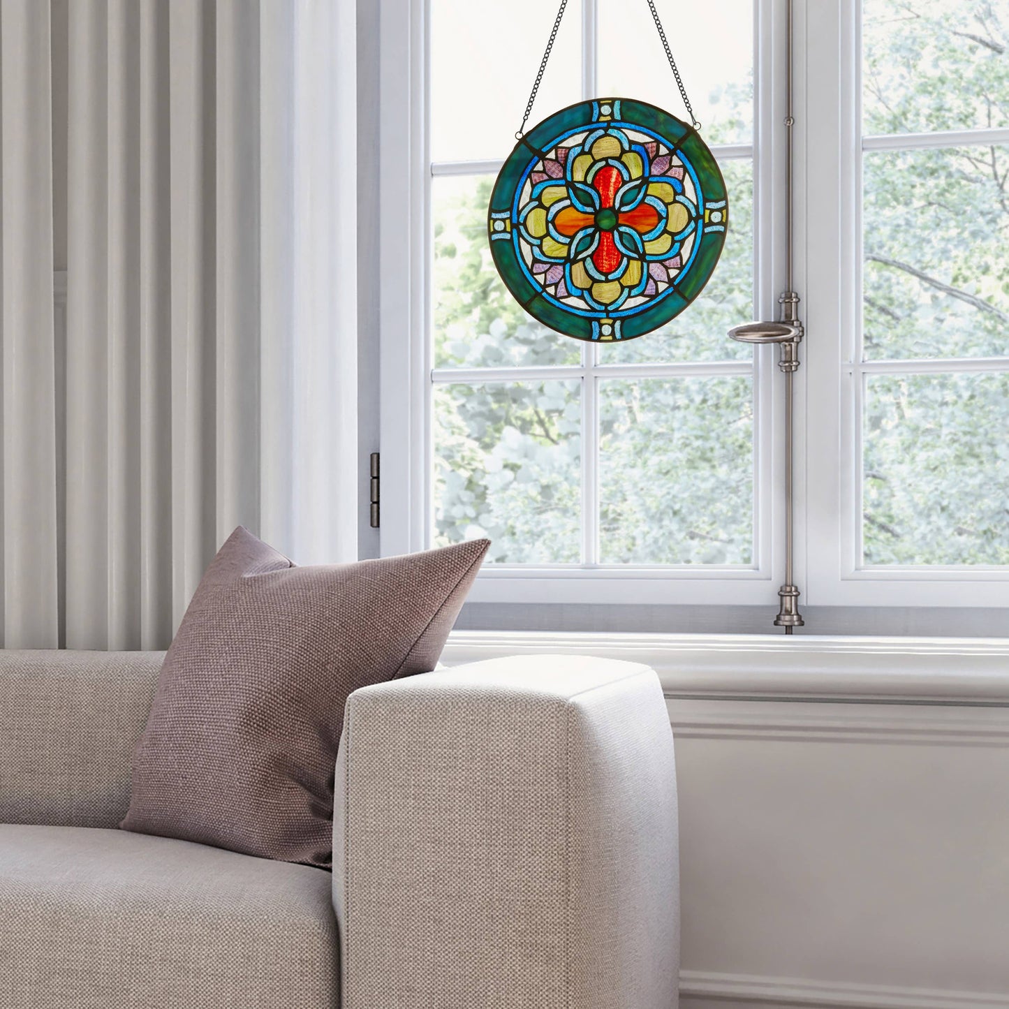 12"H Round Geometric Stained Glass Window Panel