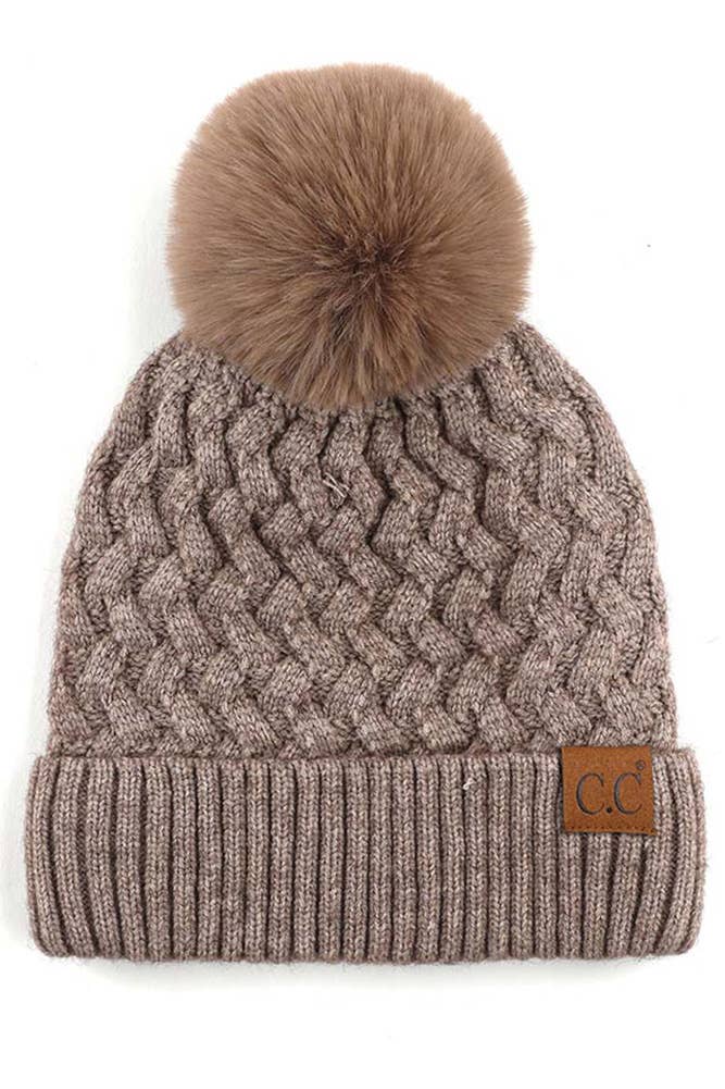 C.C Woven Cable Stitch Cuff Soft Pom Beanie Winter Hat