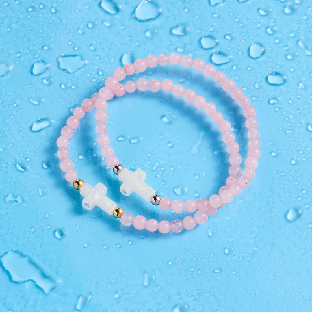 HOLY WATER ROSE QUARTZ CROSS BRACELET