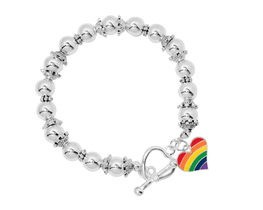 LGBTQ Pride Heart Rainbow Charm Silver Beaded Bracelets