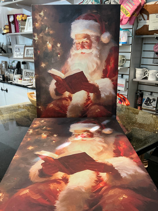 Santa reading a book Christmas tree Sign